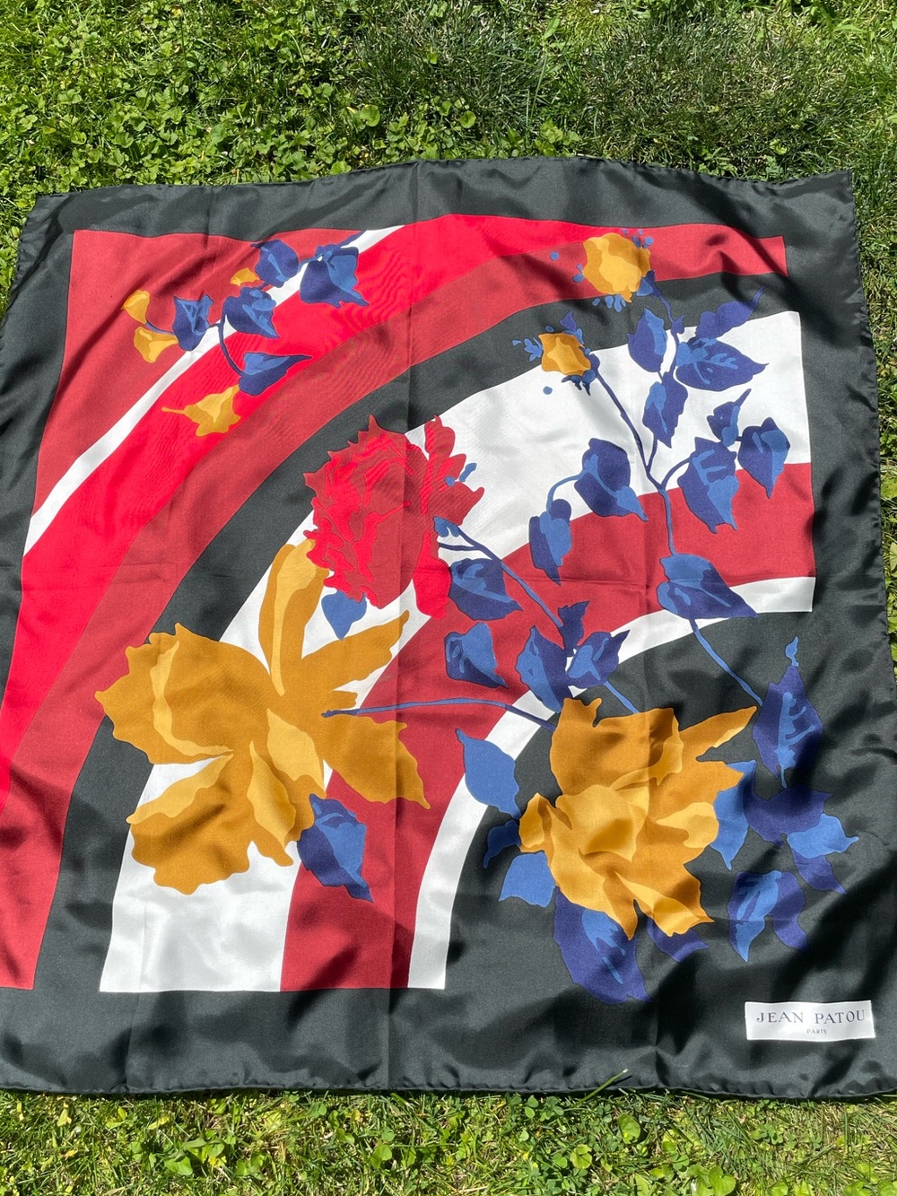 Jean Patou Floral Silk Scarf in Red, Black, Mustard & Blue